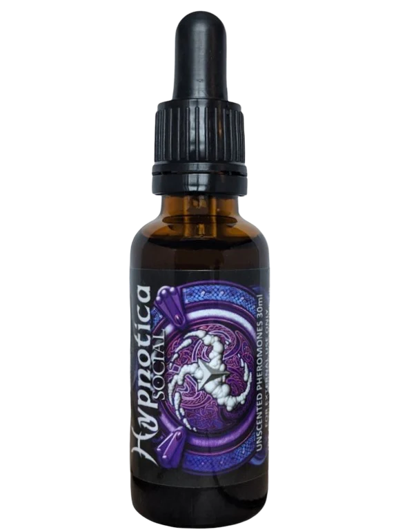 a bottle of Social Pheromone Oil labeled Hypnotica Social.