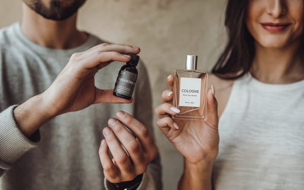 man and woman holding small perfume bottles.